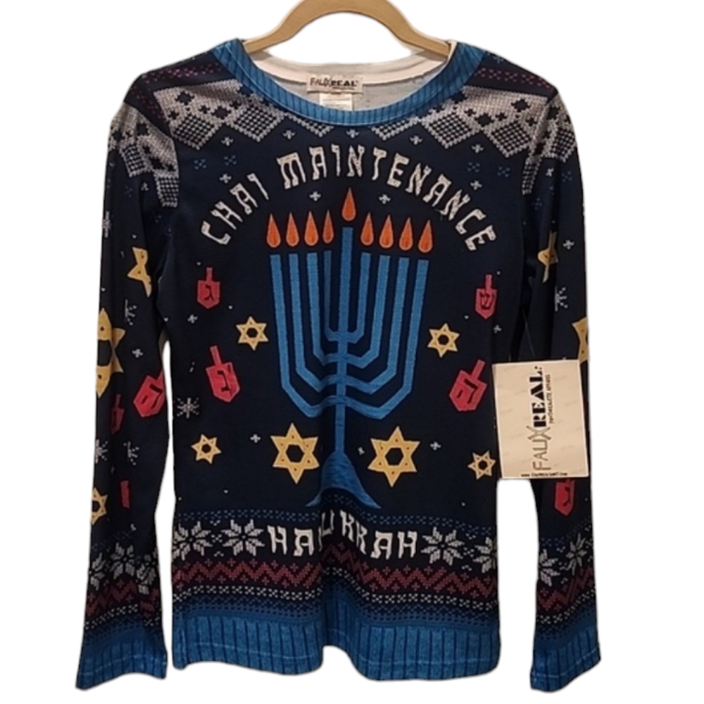 Fauxreal Chai Maintenance or High Maintenance Hanukkah Ugly Sweater Shirt NWT